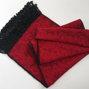 ❣️ Stunning VTG Scarlet Red With Black Beaded Fringe Scarf Rose Print 🌹